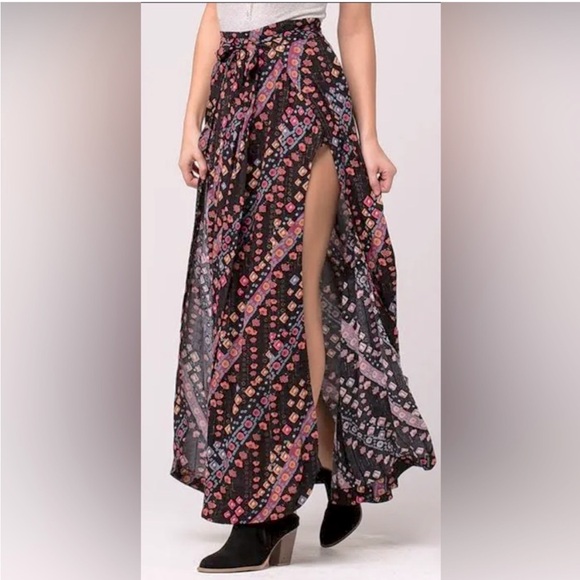 Free People Dresses & Skirts - Free People Sheer Faux Wrap Slits Remember Me Bohemian Gypsy Floral Maxi Skirt